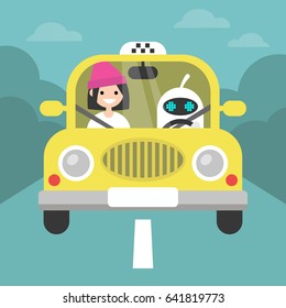 Driverless car conceptual illustration. Cute robot driving a taxi with a passenger on the front seat / flat editable vector illustration, clip art