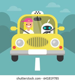 Driverless car conceptual illustration. Cute robot driving a taxi with a passenger on the front seat / flat editable vector illustration, clip art