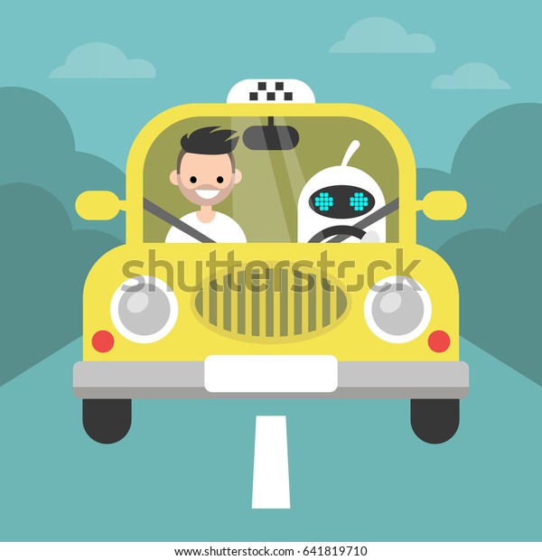 Driverless car conceptual illustration. Cute\
robot driving a taxi with a passenger on the front seat / flat\
editable vector illustration, clip\
art