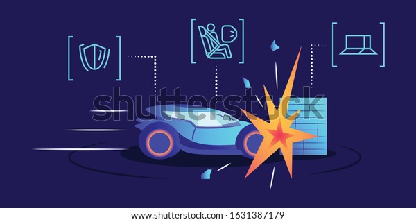 Driverless car crash test flat color vector\
illustration. Vehicle smashing against wall on blue background.\
Driver protection measure, transport durability and obstacle\
detection system\
examination
