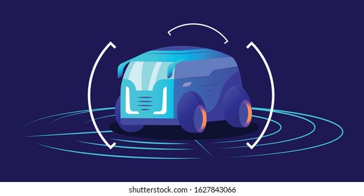 Driverless car flat color vector illustration. Futuristic autonomous transport, framed self driving van on blue background. Smart transport detection system interface, virtual showroom concept