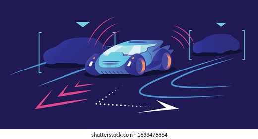 Driverless car flat color vector illustration. Autonomous transport, self driving vehicle on blue background. Smart electric car self navigating in urban traffic. Intelligent positioning system