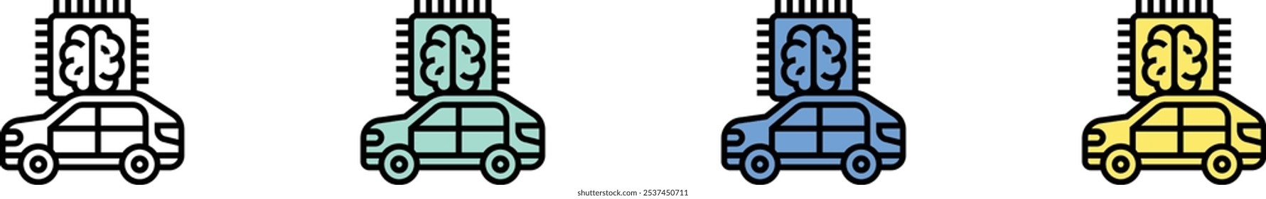 Icono del coche sin conductor. Esquema, diseño de estilo verde, azul y amarillo aislado sobre fondo blanco