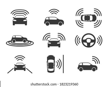 Driverless car icons. Autonomous driving cars, gps navigation on road. Smart self-driving vehicles, electric robotic auto, parking sensor sign driverless transport black silhouette vector isolated set