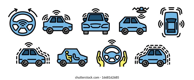 Driverless car icons set. Outline set of driverless car vector icons for web design isolated on white background