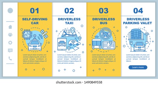 Driverless car industry onboarding mobile web pages vector template. Responsive smartphone website interface idea with linear illustrations. Webpage walkthrough step screens. Color concept