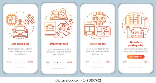 Driverless car industry onboarding mobile app page screen with linear concepts. Robotic self driving vehicle using walkthrough step graphic instructions. UX, UI, GUI vector template with illustrations