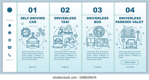 Driverless car industry onboarding mobile web pages vector template. Responsive smartphone website interface idea with linear illustrations. Webpage walkthrough step screens. Color concept