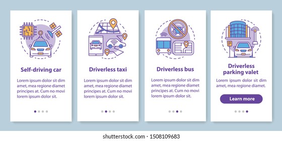 Driverless car industry onboarding mobile app page screen with linear concepts. Robotic self driving vehicle using walkthrough step graphic instructions. UX, UI, GUI vector template with illustrations