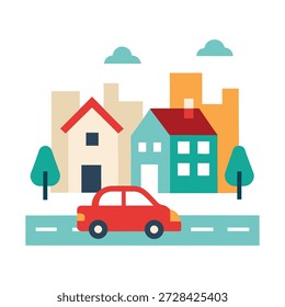 Coche sin conductor que se mueve a través del área urbana residencial utilizando sistemas de transporte inteligentes