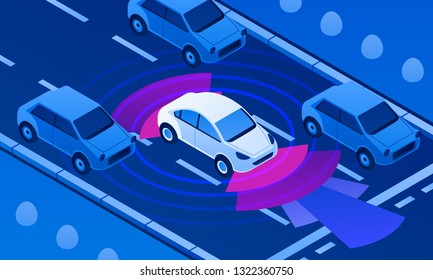 Driverless car on road banner. Isometric illustration of driverless car on road vector banner for web design