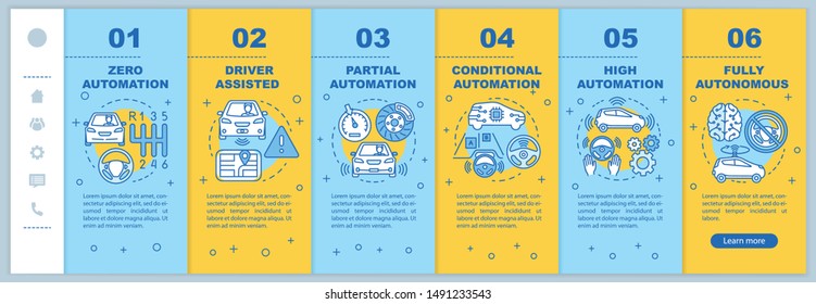 Driverless Car Stages Onboarding Mobile Web Pages Vector Template. Responsive Smartphone Website Interface Idea With Linear Illustrations. Webpage Walkthrough Step Screens. Color Concept