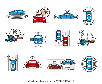 Driverless Car And Vehicle Icons. Automobile Autopilot And Autonomous Auto And Car Driving Safety Technology Line Symbols. Driverless Vehicle Steering Wheel, Radar Interface Outline Vector Icons