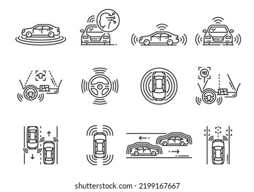 Driverless car   vehicle icons self driving automobile  vector future technology  Self driving car driverless vehicle linear icons  automatic transport system road traffic smart sensors