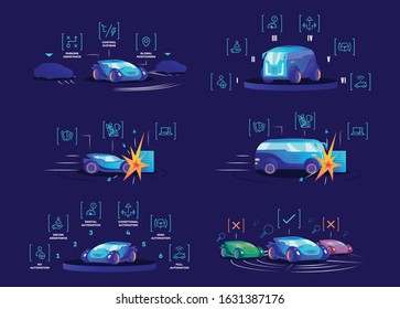 Driverless cars flat color vector illustrations set. Self driving vehicles on blue background. Autonomous automobile advantages, smart control systems, different automation modes and damage protection