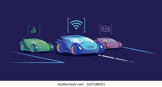 Driverless cars flat color vector illustration. Futuristic self driving vehicles with different automation levels on blue background. Automobiles in driver assistance, high and full automation modes