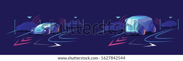 Driverless cars flat color vector illustrations.\
Autonomous transport, self driving vehicles on blue background.\
Futuristic electric car and van with smart traffic navigation, auto\
piloting system.