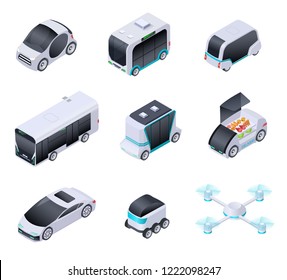 Driverless cars. Future smart vehicles. Unmanned city transport, autonomous truck and drone. Isometric vector isolated icons