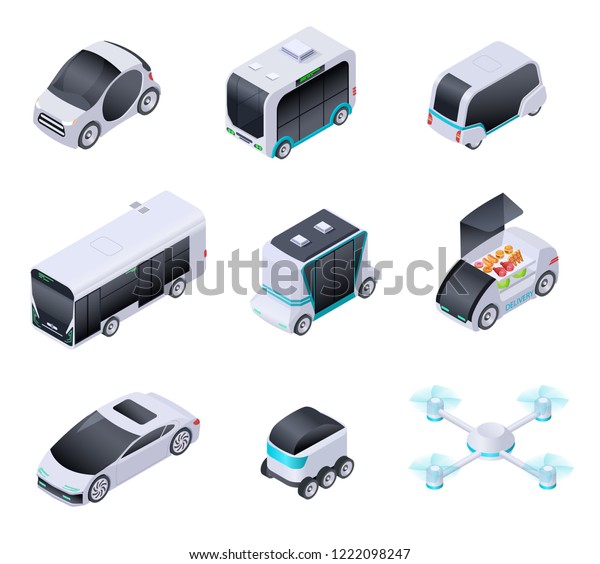 Driverless cars. Future smart vehicles. Unmanned\
city transport, autonomous truck and drone. Isometric vector\
isolated icons