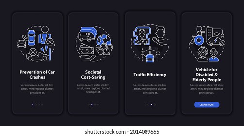 Driverless cars pros onboarding mobile app page screen. Auto vehicle walkthrough 4 steps graphic instructions with concepts. UI, UX, GUI vector template with linear night mode illustrations