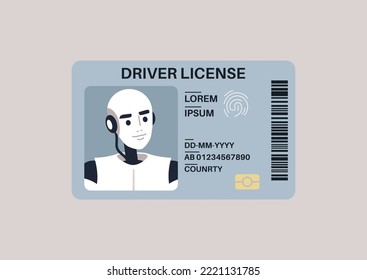 A driverless concept, a robot driver license plastic card with a photo