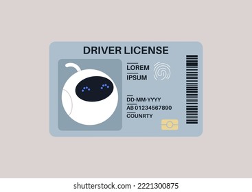 A driverless concept, a robot driver license plastic card with a photo
