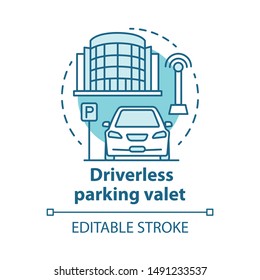 Driverless Parking Valet Concept Icon. Smart Parking Technology. City Car-park. Stand For Robotic Vehicles Idea Thin Line Illustration. Vector Isolated Outline Drawing. Editable Stroke