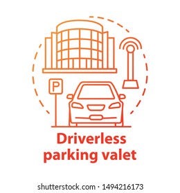 Driverless parking valet concept icon. Smart parking technology. City car-park. Stand for robotic vehicles idea thin line illustration. Vector isolated outline drawing. Editable stroke
