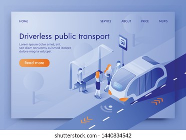 Driverless Public Transport Banner, People Enter In Autonomous Smart Bus Scanning Road, Observe Distance. Future Technology. Intelligent Automated Radar GPS Detector Isometric 3d Vector Illustration