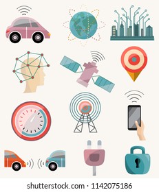 Driverless robotic self-driving car icon set. Driver assistance system