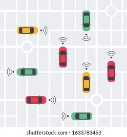 Driverless smart Car, autonomous vehicle, auto with autopilot with wireless waves and city map background. Top view. Vector illustration in flat style