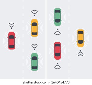 Driverless smart Car, autonomous vehicle, auto with autopilot with wireless waves and road background. Top view. Vector illustration in flat style