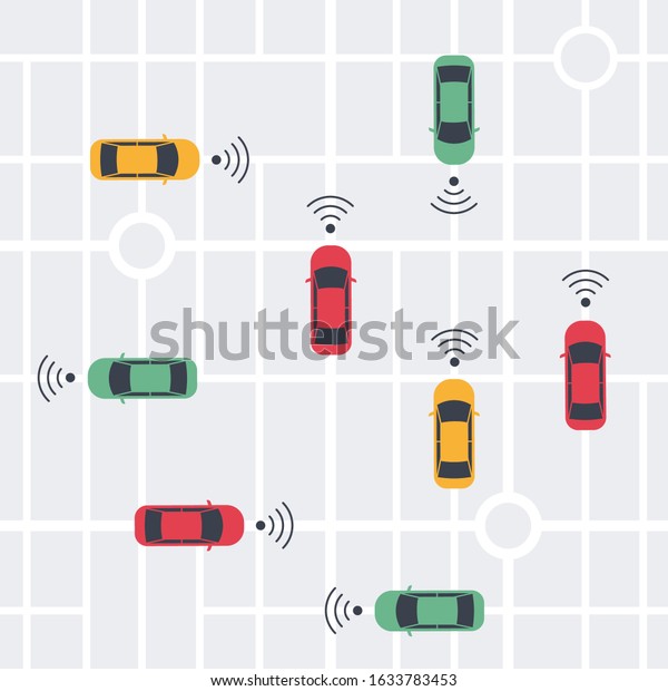 Driverless smart Car, autonomous vehicle, auto\
with autopilot with wireless waves and city map background. Top\
view. Vector illustration in flat\
style
