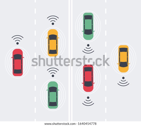 Driverless smart Car, autonomous vehicle, auto with\
autopilot with wireless waves and road background. Top view. Vector\
illustration in flat\
style