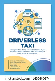Driverless taxi brochure template layout. Robotic car for rent. Flyer, booklet, leaflet print design with linear illustrations. Vector page layouts for magazines, annual reports, advertising posters