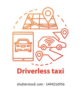 Driverless taxi concept icon. Robo-Cab. Navigation in autonomous car. Rout for self-driving vehicle. Mobile taxi service idea thin line illustration. Vector isolated outline drawing. Editable stroke