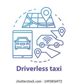 Driverless taxi concept icon. Robo-Cab. Navigation in autonomous car. Rout for self-driving vehicle. Mobile taxi service idea thin line illustration. Vector isolated outline drawing. Editable stroke