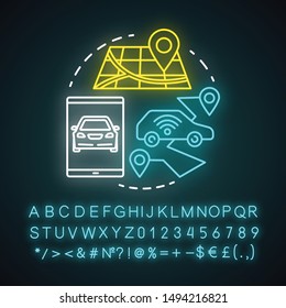 Driverless taxi neon light concept icon. Robo-Cab. Rout for self-driving vehicle. Mobile taxi service idea. Glowing sign with alphabet, numbers and symbols. Vector isolated illustration