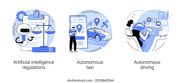 Driverless transport legislation abstract concept vector illustration set. Artificial intelligence regulations, autonomous taxi driving, AI development, future transport system abstract metaphor.