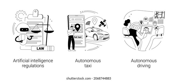 Abstraktes Konzept, Vektorgrafik-Set für fahrerlose Transportgesetzgebung. Künstliche Intelligenzvorschriften, autonomes Taxifahren, AI-Entwicklung, abstrakte Metapher des zukünftigen Verkehrssystems.