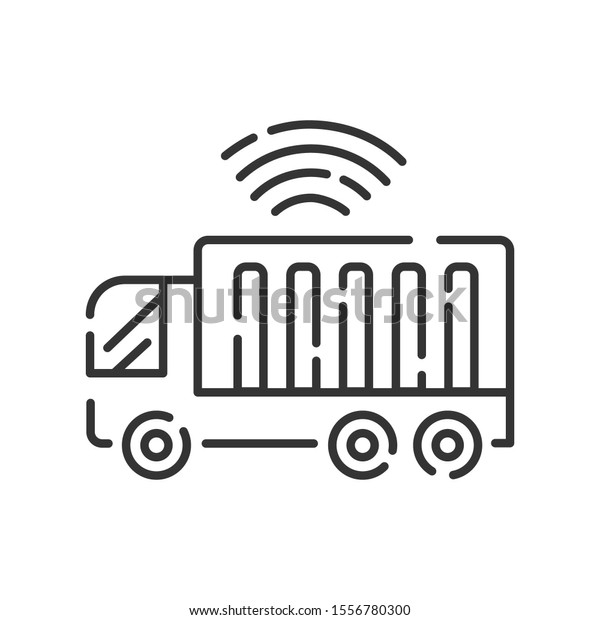 Driverless truck black line icon. Smart cargo shipping\
assist system. Self driving concept. Intelligent logistics,\
delivery. Pictogram for web page, mobile app, promo. UI/UX/GUI\
design element. 