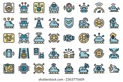 Driverless vehicle icons set outline vector. Car future. Drive self thin line color flat on white isolated