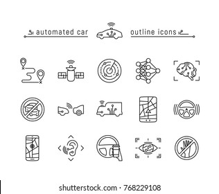 Driverless Vehicle Vector Icon Set In Outline Style.