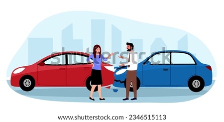 Drivers argue after car accident in flat design. Car crash.