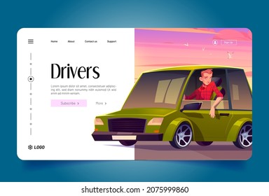 Drivers banner with man sitting in green car on background of sunset pink sky. Vector landing page of professional driving and chauffeur job with cartoon illustration of character in vehicle