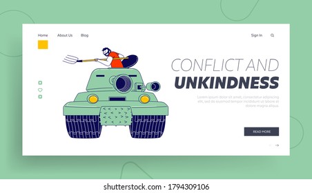 Drivers Conflict, Road War Landing Page Template. Aggressive Male Character Sit in Military Tank Armored with Pitchfork. Accident on Road. Man Arguing with Somebody. Linear Vector Illustration