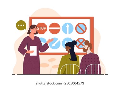 Drivers education concept. Woman shows road signs to guy and girl. Learning and training in driving school. Instructor with students during exam. Flat vector illustration isolated on white background
