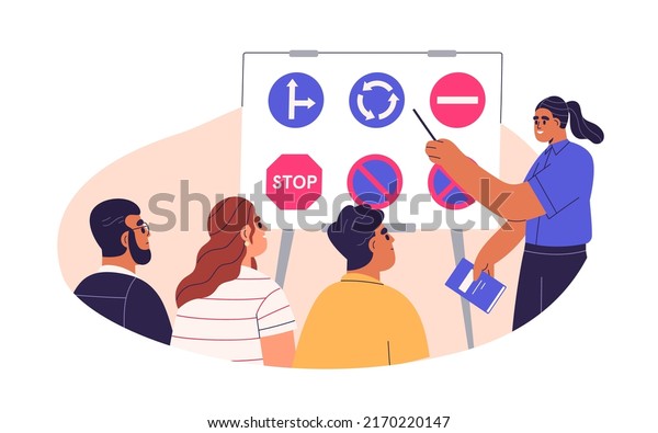 Drivers education. Lesson, course for\
beginners in driving school. Students studying road signs with\
teacher, instructor at training, class. Flat vector illustration\
isolated on white\
background