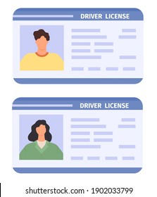 Drivers id card. Woman and man driving licences with photo. Flat plastic identity document icon. Personal driver badges vector template set. Id document to drive automobile woman and man illustration