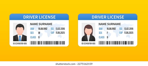 Driver's license. ID card. Identity card with a photo of a man and a woman. Driving license icon. Driver's license ID with avatar icon. Plastic card template. Identification card. Vector illustration